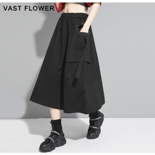 Black High Waist Skirts Womens New Pocket Spliced Ribbon Elastic Waist Plus Size Loose Midi Skirt Fashion Clothes Summer 2021