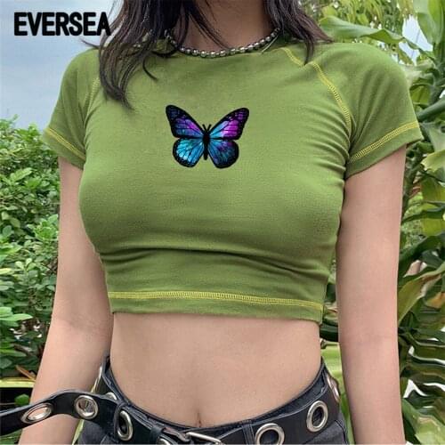 Eversea Summer New Womens Clothing Butterfly letter print navel shirt round collar short-sleeved t-shirt