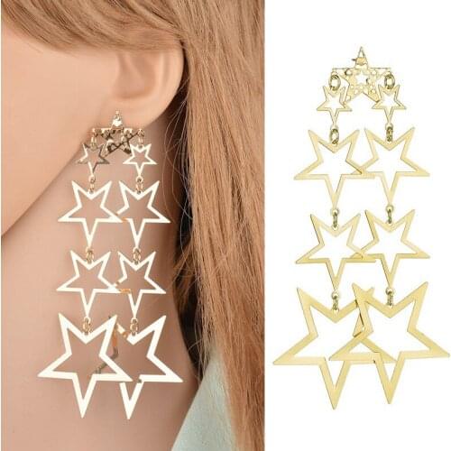 European and American Long Metal Temperament Star Earrings Female Five-Pointed Star Tassel Fashion Ear Pendant Prom Jewelry
