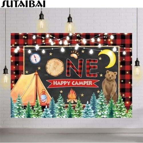 Happy Camper Wild One Birthday Party Backdrop Black Red Plaid Tent Bear Forest Safari Jungle Adventure Baby Shower Background