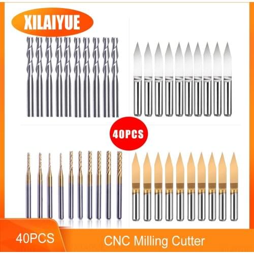 10/40pcs End Mill 3.175mm Titanium Coated Essential CNC Milling Cutter Carving Bit Mini PCB Carbide Router Bits Kit For Milling