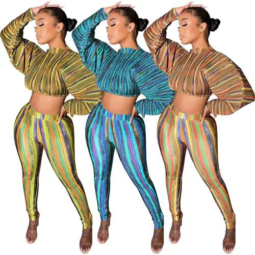 Colorful Striped Print Pants Suit Two Piece Set Women Casual O Neck Drawstring O Neck Crop Top + Leggings Slim Tracksuit Women