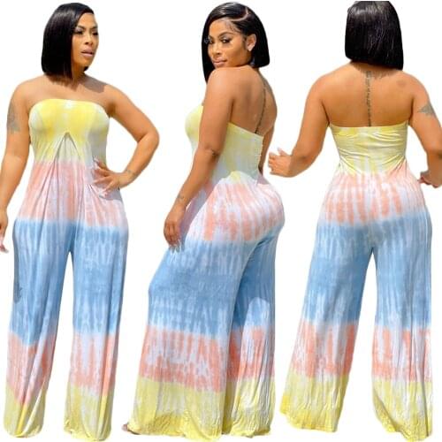 Fashion One Piece Womens Clothing Sexy Sleeveless Chest Wrap Personality Tie Dye Printing Casual Micro Flared Trousers Jumpsuit