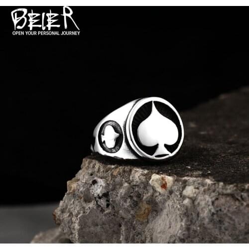 Beier 316L Stainless Steel Lucky Spade Playing Card Ring Mans Fashion Punk Jewelry Retro Personality BR8-754 US Size