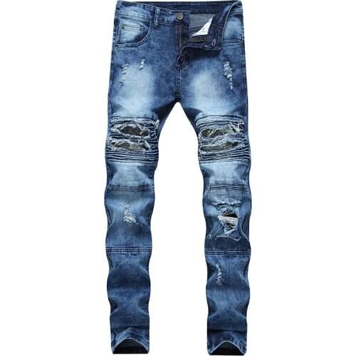 New European American trend high-street crumpled knee-hole jeans mens male motorcycle stretch slim-fit pants trousers