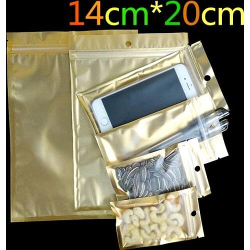 Wholesale 14*20cm Golden / Clear Self Seal Zipper Plastic Retail Package Packaging Bag Ziplock Storage Bag Packing W/ Hang Hole