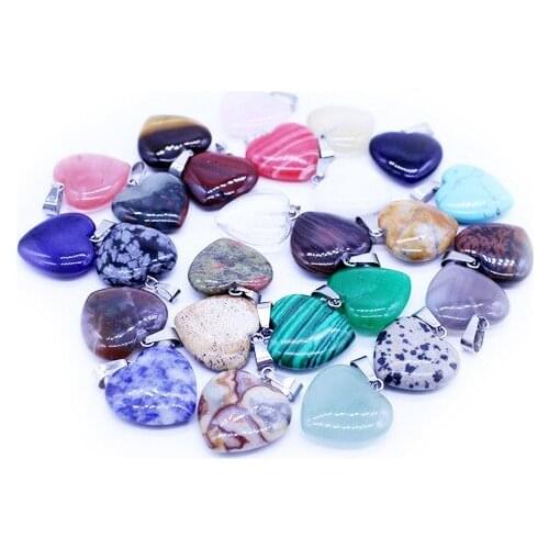 Wholesale Natural Semi-precious Stone Charms 16mm Heart Pendant 20Pcs/lot Mixed Color Jewelry Quartz Crystal Opal Onyx