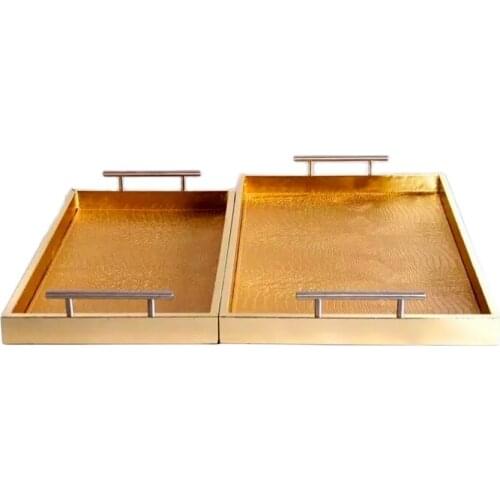Customized golden crocodile PU leather storage tray with handle rectangular Hotel/home sundries storage tray