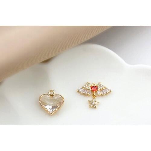18K gold inlaid zircon wings five-pointed star love pendant DIY clavicle chain necklace bracelet earring material