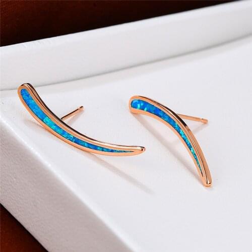 Simple Female White Blue Opal Stone Earring Rose Gold Silver Color Stud Earrings For Women Unique Bride Geometry Wedding Earring