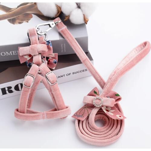 Pink Floral Flocking Dog Collar With Rhinestone For Small Dogs Pink White Pet Harness Princess Cat Comfort Walking Pitbull Pugs