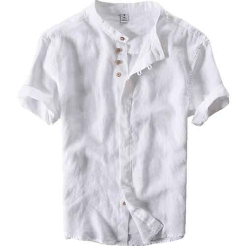 Short Sleeve Shirts for Men Summer New Pure Linen Slim Thin Style Casual Solid White Tops Plus Size M-4XL Male Vintage Clothing