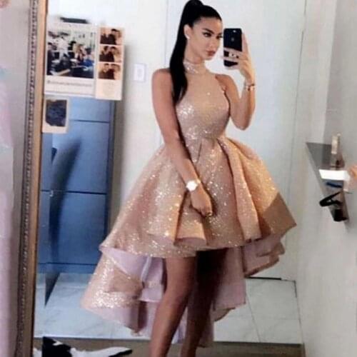 Thinyfull Sparkly Gold Sequined Prom Dresses Shiny Princess Hi Low Evening Dresses Mini Graduation Dresse Vestidos De Noche 2021