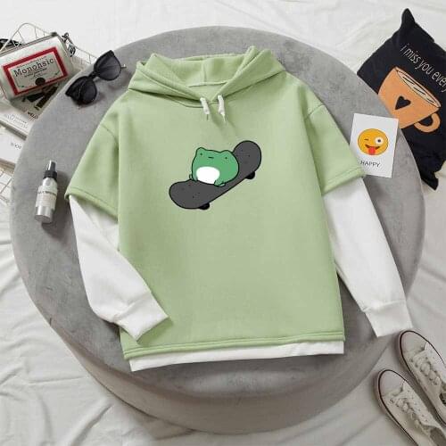 Kawaii Skateboard Frog Hoodie Sweatshirt Oversized Women Hoodies Harajuku Warm Pullover Plus Velvet Hooded Tops Cute Clothes