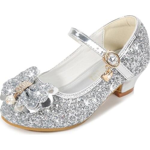 Girls High Heels 2021 Spring New Childrens Princess Shoes Soft Sole Silver Shining Diamond Shoes Little Girl Performance Shoes