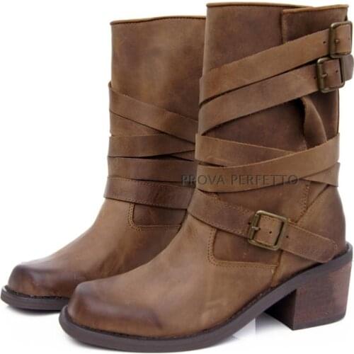 Western Cowgirl Fashion Buckle Strap Black Brown Leather Motorcycle Rain Boots Combat Punk Shoes Woman Biker Cowboy Boots