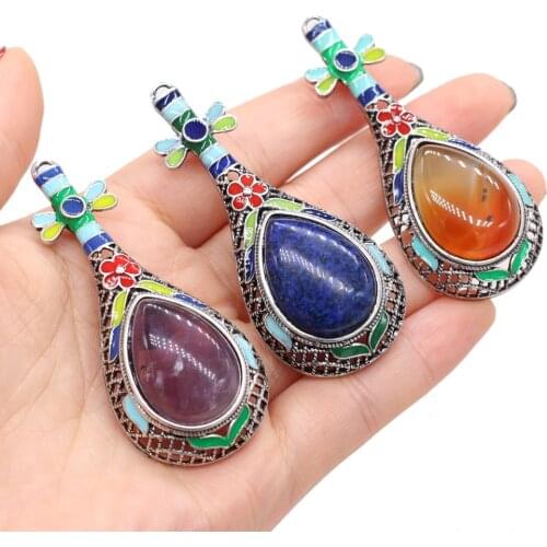 Womens Brooch Natural Stone Alloy Pendant Lute-Shaped For Jewelry Making DIY Necklace Bracelet Clothes Shirts Accessory