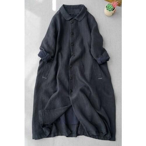 Womens linen long sleeve windbreaker coat spring and autumn leisure loose linen robe cardigan Trench 0902-2