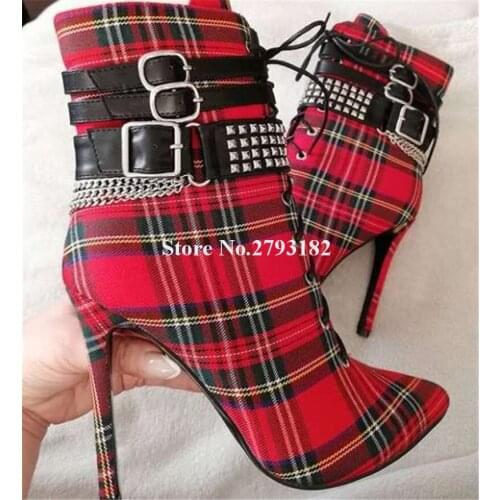 Women Charming Pointed Toe Grids Stiletto Heel Short Boots Red Ankle Strap Buckles Rivet Chains High Heel Ankle Booties