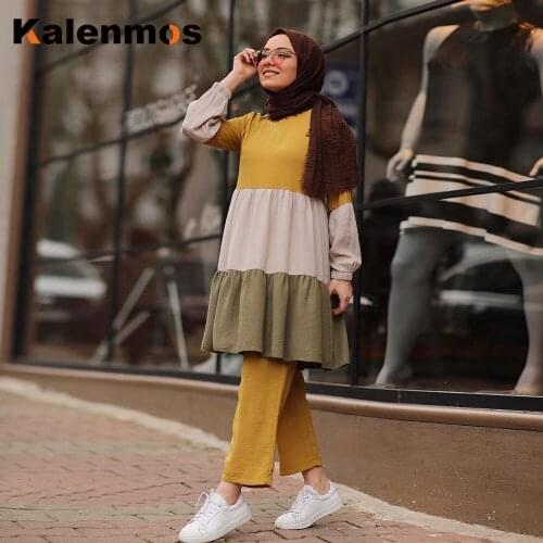 Women Muslim Sets Two Piece Set Eid Ramadan Abaya Turkey Islamic Clothing Top and Pleated Long Pants Caftan Musulman Ensembles