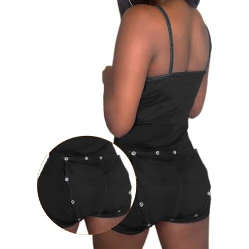 Women Pajama Jumpsuit Sling Sleeveless Low Cut Button Pajama Cutout Button-Down Front Functional Buttoned Flap Adults Jumpsuit