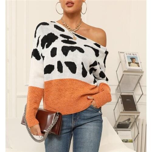 Autumn Winter Sweater for Women 2021 Leopard Large Sweaters Thin Tops Slash Neck Acrylic Pullover Crochet Casual Oversized S 3XL