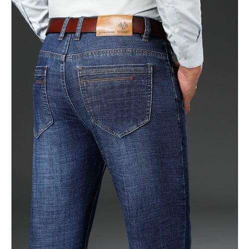 2021 Autumn and Winter Brand Slim Straight Business Casual Jeans Classic Pocket Young Mens Fitted Stretch Denim Jeans Blue