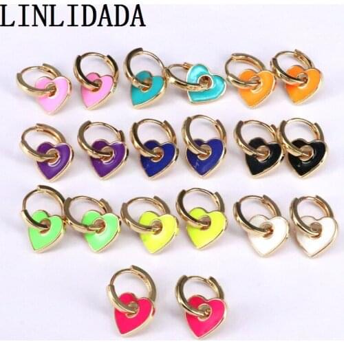 5Pairs New Fashion Hoop Dangle Earrings Gold Color Earrings Multi-color Enamel Geometric Heart Jewelry Gift For Women Girls