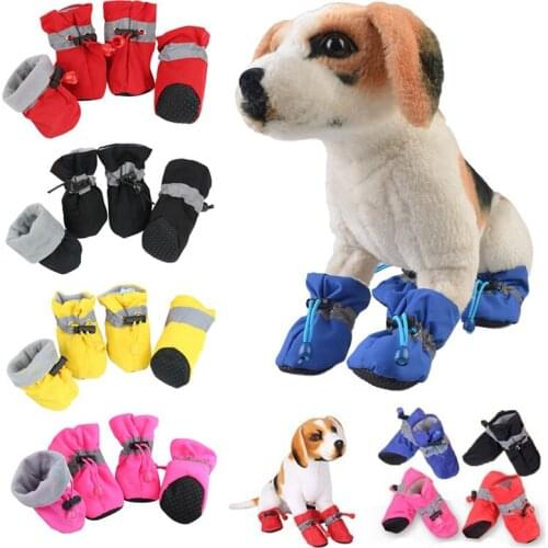 4PC Shoes For Pet Dogs Winter Rain Snow Waterproof Booties Socks Thick Warm Rubber -slip Shoes Pet Footwear Accessories Paw Care