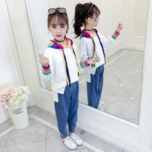 Girls Suits Sweatshirts +Pant Sets 2021 Rainbow Spring Autumn High Quality Formal Party Outfits Sport Teenagers Kids Cotton Trac