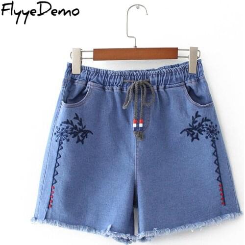 Denim shorts Flower Embroidered Shorts Jeans Women Loose Casual Boho Blue Denim For Feminine Lady Floral Elastic Waist Plus Size