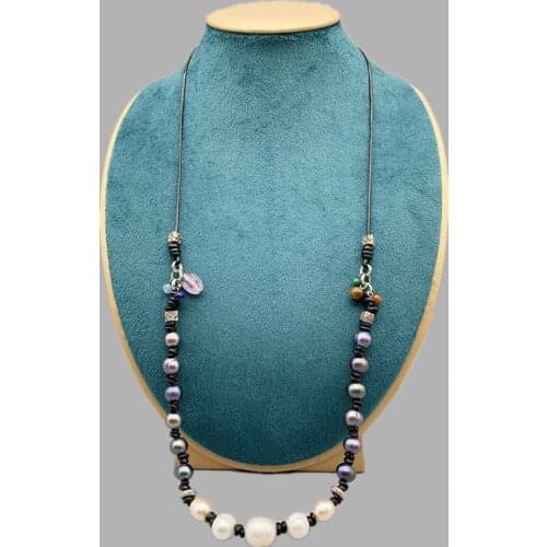 FoLisaUnique Leather Knots Freshwater Pearl Necklace For Women Girls Gift Pink White Black Pearls Agate Amethyst Tiger Eye Lapis