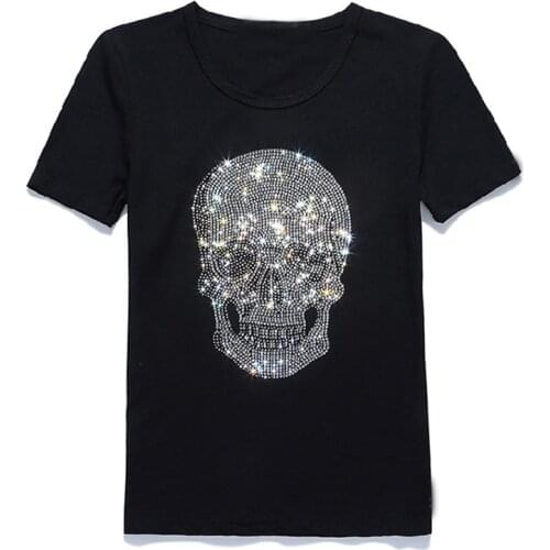 New Women Shinning Skull Hot Drilling T-Shirt Black Cotton Short Sleeve High Quality Rhinestone Print Skull T Shirt Top Tees