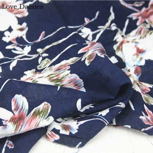 Cotton/Rayon Navy Blue Big Magnolia White Flowers Floral fabrics Thin Soft Delicate for Summer Apparel Blouse Dress handwork