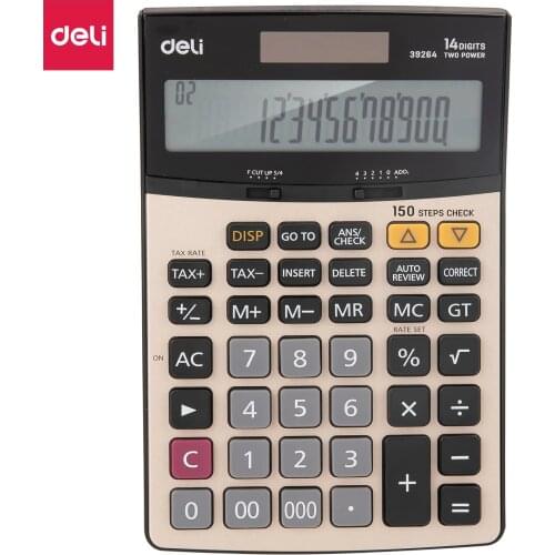 Deli E39264 Calculator - 150 step check Tax Calculator 14 digits Metal surface- Battery & Solar Dual power office stationery