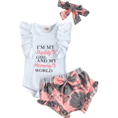 Newborn Baby Girls Fashion 3-piece Outfit Set Fly Sleeve Letter Print Romper+Shorts+Headband Casual Clothes Set