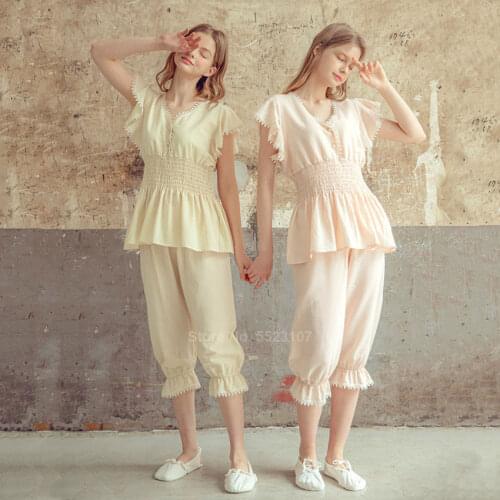 2021 Summer Women Pajamas Set Cotton Comfortable V-neck Loungewear Set Palace Trend Female Long Sleepwear Dress Nightgown