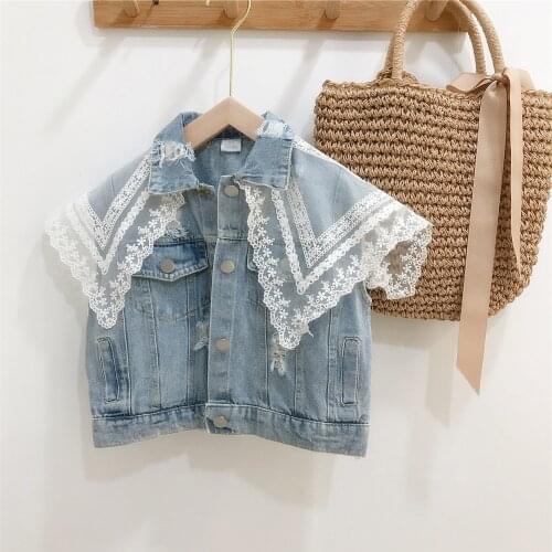 Korean Lace Splicing Sleeveless Jacket for Girl Kids Clothing Baby Waistcoats Childrens Vest Spring New Baby Girls Denim Vest