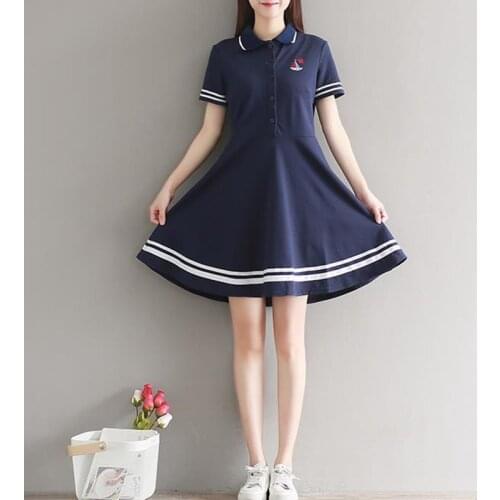 Summer Student Girls Japanese School Uniform Dress Navy White Sailor Dresses Women Loose Short Sleeve Cotton Knitted Dress