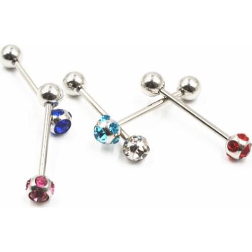LO50pcs Surgical Steel Gems Tongue Ring Bar Nipple Barbells Body Piercing 14G~1.6mm Body Jewelry NEW Arrived
