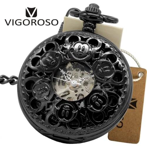 Fashion Cartoon Design Mechanical Pocket Watches Steampunk Black Steel Hand winding Necklace Pocket & Fob Watch Necklace Pendant