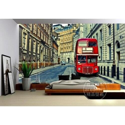 Custom 3D Photo Wallpaper Sticker European UK Red Bus Wall Decal Vinyl Wall Stickers Wall Decorations Living Room Poster Mural