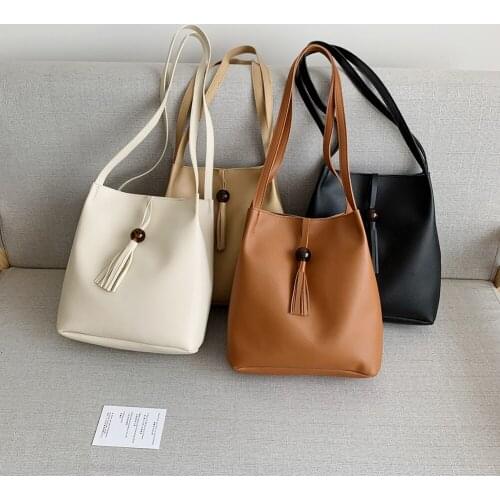Leisure Women Shoulder Bags Soft Pure Color PU Leather Casual Tassel Bucket Tote Female Handbags for Shopping Daily