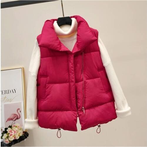 Puffy Coat Short Red Cotton Vest Girl Thick Quilted Sleeveless Jacket Plus Size Cute Sweet Loose Winter Vest Female Streetwear
