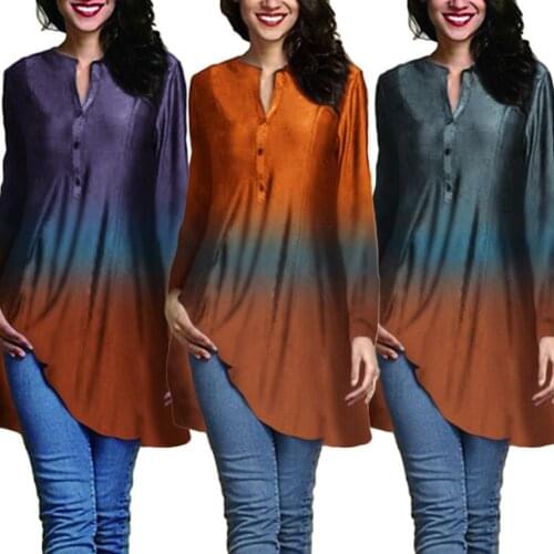 Plus Size Women V Neck Long Sleeve Buttons Gradient Color Blouse Female fashion shirt Tops Plus Size