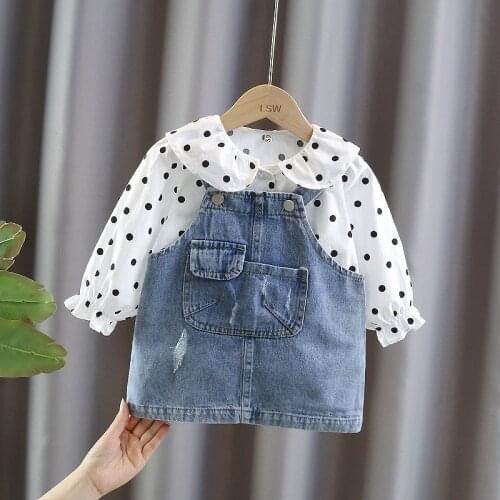 Spring newborn baby girl clothes outfit sets polka dot shirt + denim strap skirt suit for baby girls 1 year baby birthday sets