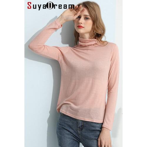 SuyaDream Women Solid T shirts Silk Wool Blend Solid Turtleneck Long Sleeved Bottoming Shirts 2020 Autumn Winter Basic Top