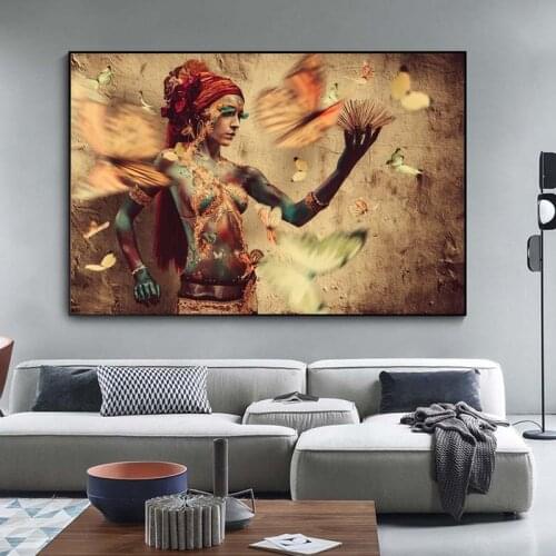 African Woman with Butterfly Canvas Paintings on the Wall Art Posters And Prints Colorful Black Girl Art Picture Home Decoration