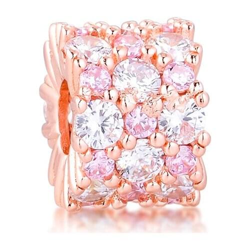 CKK Silver 925 Jewelry Pink & Clear Shiny Charm Fits Original Bracelets Sterling Silver Beads