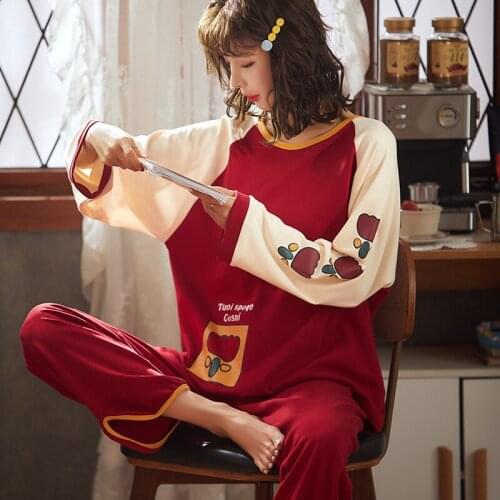 Women Red Colour Cotton Full Sleeve Winter Leisure Girl Household Spring Pajamas